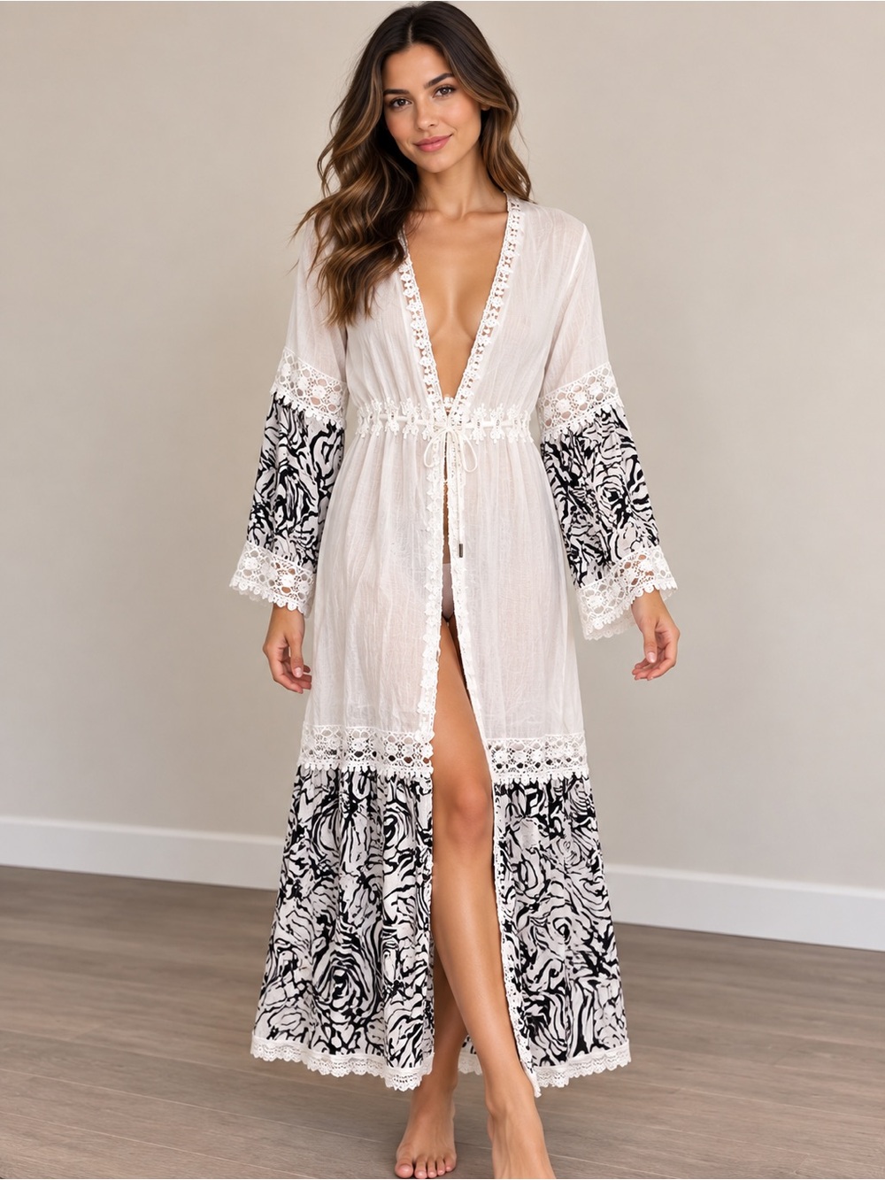 ELAN Black & White Lace Boho Maxi Beach Cover-Up – Size Small
